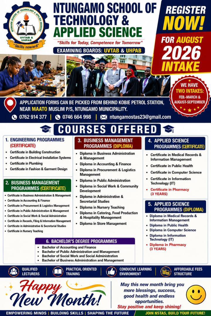 NSTAS August 2026 intake flyer with courses, contacts, and registration information